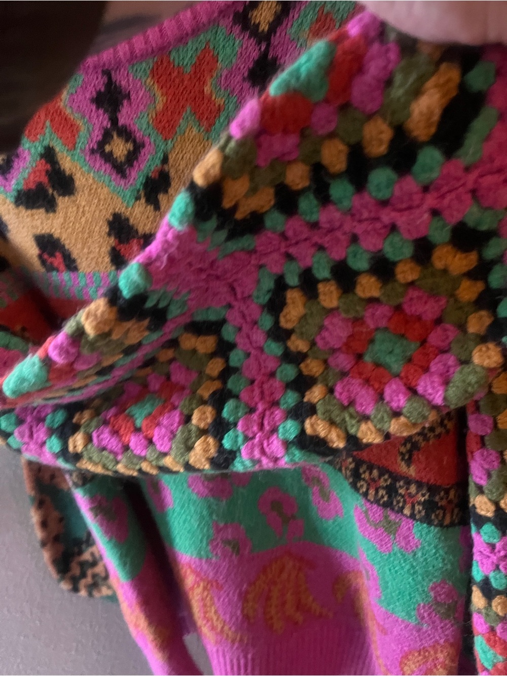 FARM Rio Pink, Green & Red Patterned Crewneck Sweater crochet sleeves - Picture 2 of 5